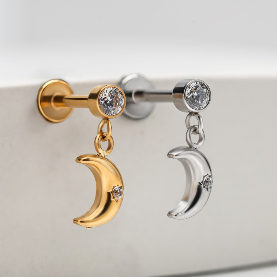 Лабрет с подвеской Луна Сталь 1.2 мм