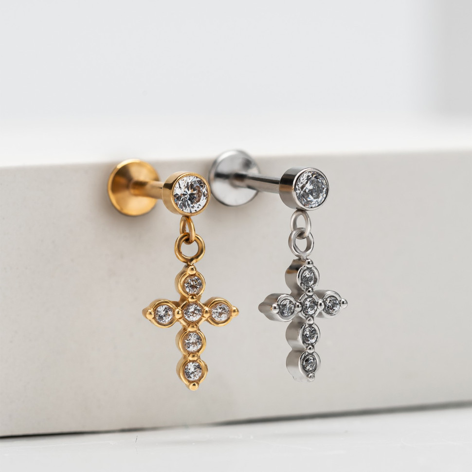 Лабрет с подвеской Cross 1.2 мм сталь